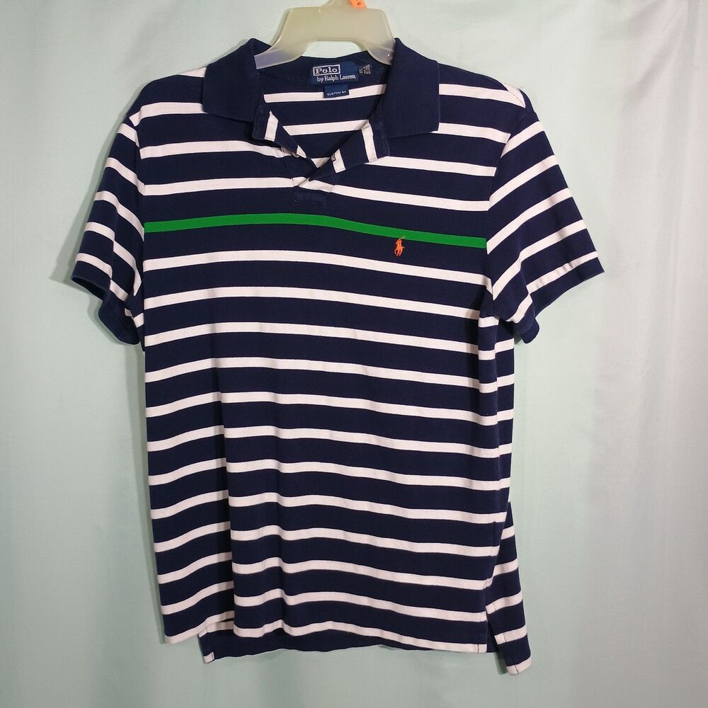 Polo Ralph Lauren Men’s Navy White Striped Polo – Green Stripe Short Sleeve